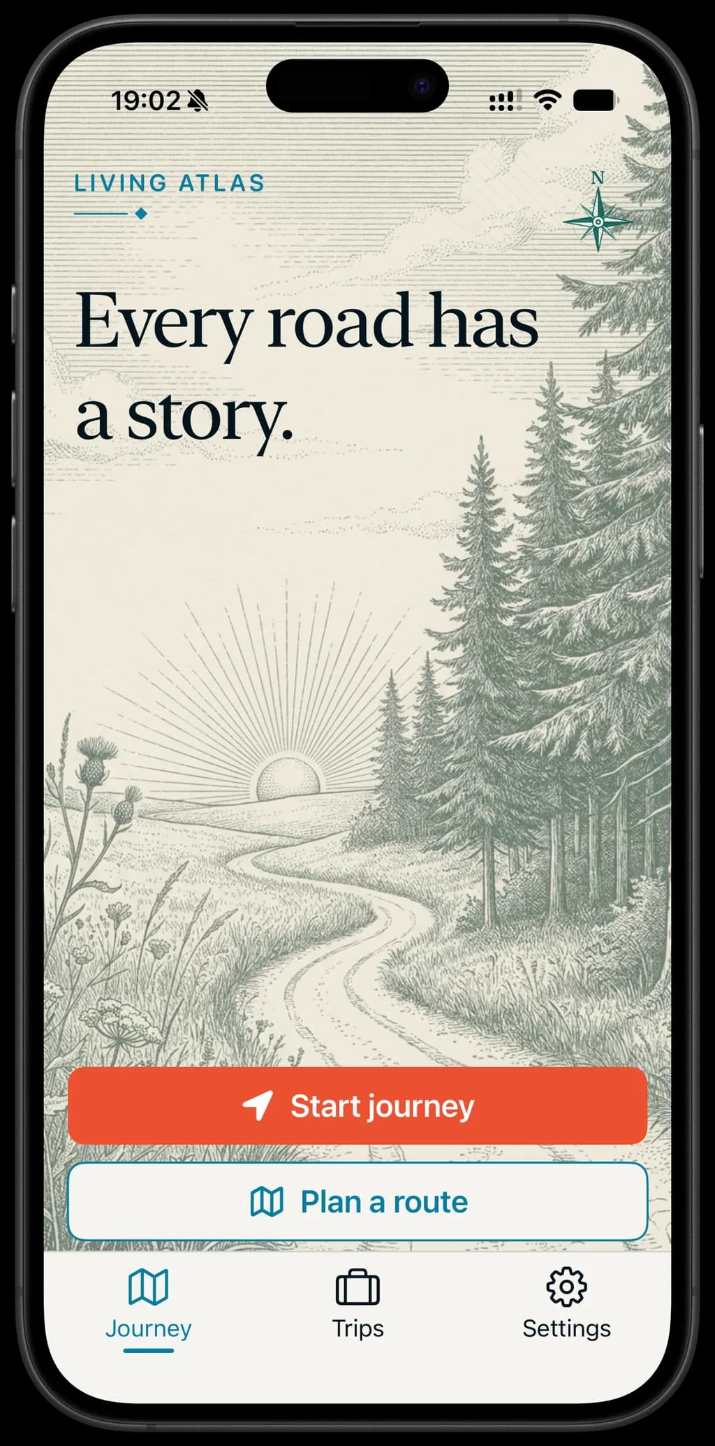 atlas. journey screen: an engraved landscape with Start journey and Plan a route.